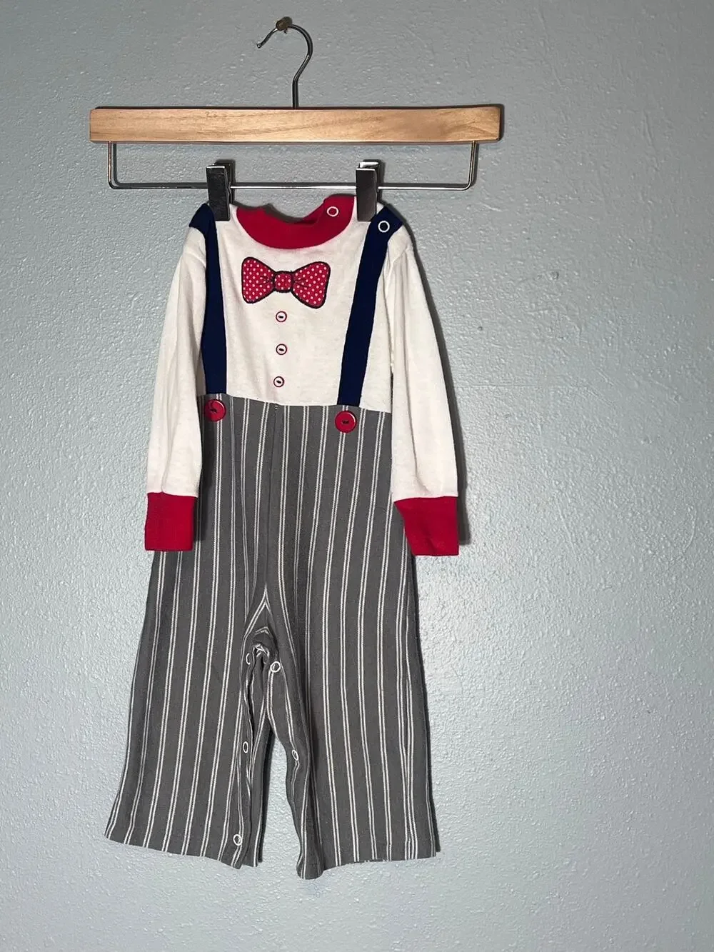 Doe Spun Vintage Baby One Piece 18 Months Stripe Pant Bow Tie Buttons Suspenders